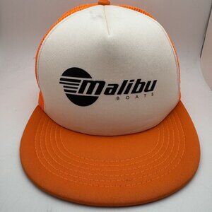 Vintage Hit Wear Malibu Boats Trucker Hat Mens OSFA Orange White Snapback Cap